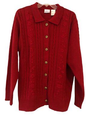 Granny Chic Christmas Holiday Red Floral Button Down Collared Sweater Sz L